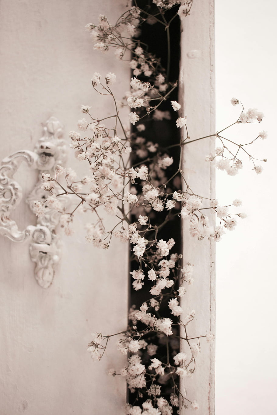bílý třešňový květ, Bloomy Gypsophila, ozdobené vintage dveře, Romantická estetika, jemné květy, Popisovač vintage dveří, bílé květy, květinové dekorace, romantické květiny, Vintage Estetika