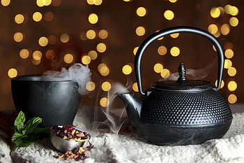 sort tekande, te kop, urtete, stilleben, varme, tradition, damp, bokeh baggrund, te ceremoni, sort te sæt, rolig atmosfære