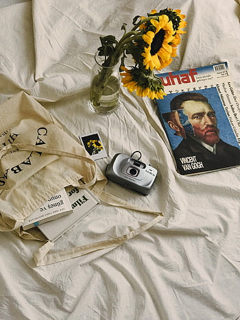 Časopis Van Gogh, slunečnice, Fotoaparát, Béžová látka, ploché ležel, knih, elegantní, tote bag, Vincent van Gogh, obálka časopisu