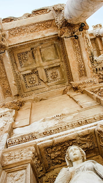 knihovna celsu, Ephesus, římské sloupce, sochy, poškozená zeď, nízký úhel pohledu, starověké architektury, historické místo, mramorové sochy, Podrobné řezby, starožitné ruiny
