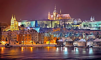 Prague Castle, Vltava River, night illumination, winter scene, historic beauty, Prague, Czech Republic, Charles Bridge, cityscape, night photography, architecture