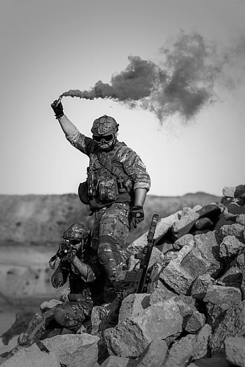 soldiers, action, smoke signal, rocky terrain, desert, military, combat, camouflage, tactical gear, black and white, outdoor