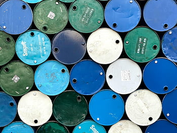 empty gasoline barrels, top view, aerial view, stacked barrels, colorful barrels, industrial design, Myanmar, gas barrels, oil barrels, storage barrels, industrial storage