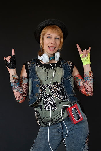 rocker, punk, headset, music, music Player, cassette Player, metalhead, musician, woman, girl, retro