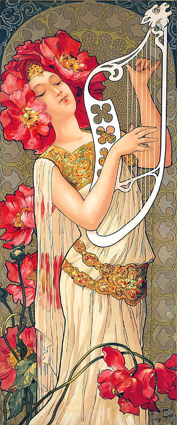vintage, illustration, woman, harp, flowers, art nouveau, dress, red, floral, ornate, music