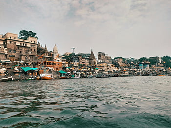varanasi, řeka gangy, Budovy na nábřeží, ghats, živý pohled, Indie, nábřeží, chrámy, lodí, kroky, architektura