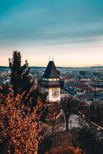 uhrturm, clock Tower, city, building, architecture, tower, landmark, trees, landscape, winter, cold