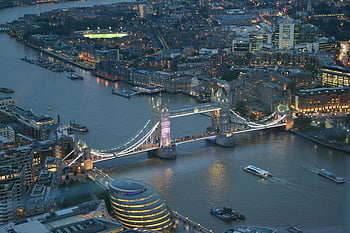 Tower Bridge, London, aerial photograph, illuminated at night, Thames River, cityscape, urban skyline, night view, landmark, bridge, boats