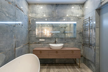moderne badeværelse, håndvask, spejl, Stenmur, Stilfuldt design, indretning, Hjem badeværelse, træ forfængelighed, badekar, belysningsarmaturer