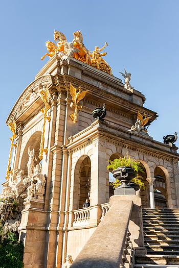 Památník Cascada, barcelona, ciutadella park, historické architektury, bronzové sochy, schodiště, Historický pohled, zlaté sochy, oblouky, Venkovní památník, Park Landmark
