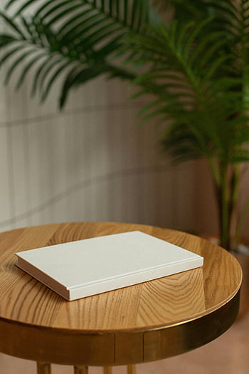 dřevěný stůl, Prázdná vázaná kniha, Minimalistický bílý notebook, kulatý dřevěný stůl, Pozastavení rozmazaného rostlin, minimalistický design, bílý notebook, dřevěný povrch, Vnitřní nastavení, rostlinný dekor, jednoduché složení