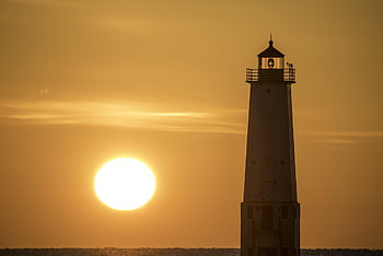 lighthouse, frankfort, nature, michigan, sunset, lake, sky, water, scenic, dusk, travel