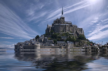 barna vár, mont saint-michel, történelmi vár, festői kilátás, vízvisszaverődés, fényes ég, történelmi építészet, középkori erődítmény, festői táj, Franciaország, tengerparti mérföldkő