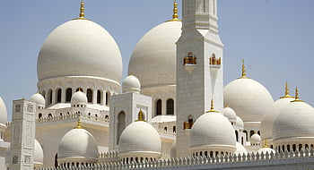 mešita šejka zayeda, kopule, minarety, bílá budova, čisté nebe, během dne, architektonické krásy, náboženská struktura, Abu Dhabi, islámské architektury, střední východ