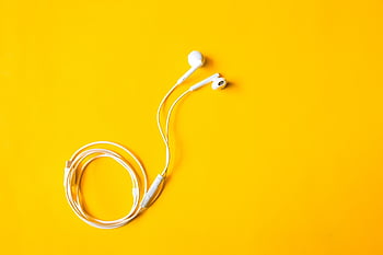 earbuds, earphones, audio, technology, yellow Background, earpiece, cable, plug, equipment