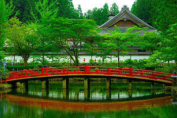 japansk hage, rød bro, reflekterende dam, tradisjonell arkitektur, rolig landskap, Trebue, levende rødt, grønne trær, fredelig scene, kulturelle omgivelser
