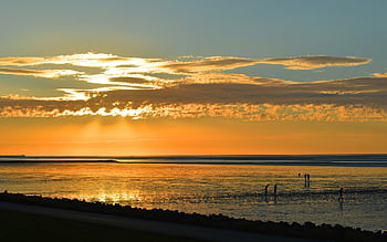 západ slunce, Severní moře, Přírodní park Waddenské moře, moře, Příroda, pobřeží, mraky, horizont, Meldorfer Bay, dithmarschen, watt