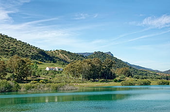 Espanha, Andaluzia, Província de Málaga, embalse Del Conde Del Guadalhorce, reservatório, lago, agua, panorama, montanhas, Colina, floresta