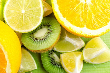 skiver kiwi, citron, appelsinfrugter, Levende nærbillede, Friske strukturer, Saftige strukturer, citrusfrugter, kiwi skiver, citronskiver, orange skiver, frugtfotografering