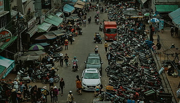 venkovní trh, přeplněné ulice, lidí, kteří jdou, motocyklů, rušný trh, pouliční scény, městském trhu, stánky, dav na trhu, pouliční prodavači
