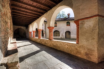 cloister, monastery, convent, abbey Of San Gemolo, italy, lombardy, columns, architecture, the Gothic Style, church, historical