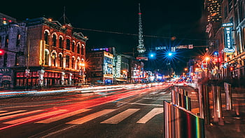 nashville, ulice, noční provoz, Závalná světla, Dopravní pohyb, městské scény, noční město, pouliční osvětlení, centrální nashville, noční život, Městský noční život