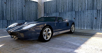 modré sportovní auto, Blue Ford Gt, závodní pruhy, Slunce zalité garáž, dřevěné stěny, sportovní auto, Interiér garáže, ford gt, závodní auto, fotografování automobilů, automobilového designu