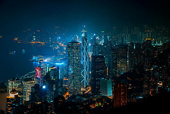 Hongkong, noční panorama, vrchol Viktorie, Osvětleno panoráma města, Urban Night View, hong kong město, noční město světla, Hongkong mrakodrapy, Hongkongské panorama, hong kong v noci, hong kong architektura