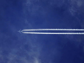 bottom view, plane, contrail, jet airplane, clear blue sky, speed, modern aviation, aircraft, sky, travel, transportation