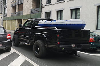 Dodge, RAM, pickup truck, inflatable boat, Dinant, street, parked, vehicle, license plate, building, tires