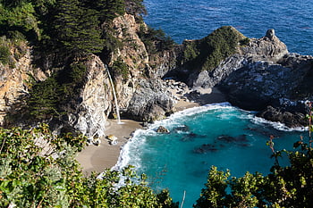 Kyst vandfald, Turquoise Bay, Stenede klipper, naturskøn udsigt, Fredelig bugt, betagende udsigt, kystlandskab, naturlige skønhed, havudsigt, strand landskab, vandkaskade