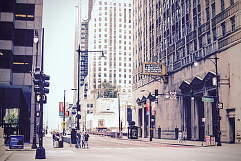 Chicago, centro, strada urbana, grattacieli, vita di città, vivace, Scena dinamica, foto di strada, edifici iconici, semafori, pedoni