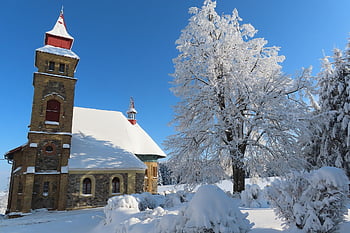 church, monument, rainy, trees, forest, snow, hills, winter, landscape