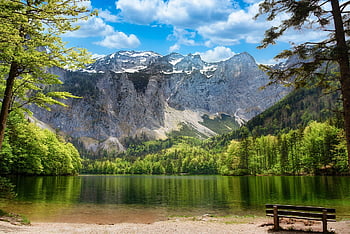 hory, jezero, lavice, stromy, Alpy, vysokohorský, lesy, hornatý, pohoří, horské krajiny, krajina