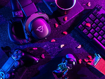 flatlay, gaming equipments, headset, controller, keyboard, vibrant lighting, colorful flat lay, gaming gear, gaming accessories, neon lighting, gaming setup