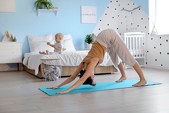 mother, yoga, child, baby, bedroom, relaxed, exercise, family, female, fun, woman