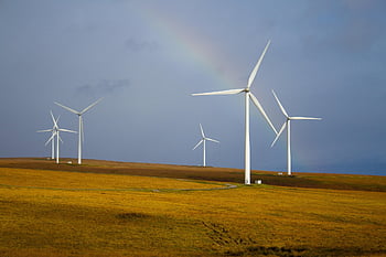 windmills, rainbow, fields, windmill Farm, grass, grassland, landscape, wind Turbines, turbines, wind Energy, sustainable