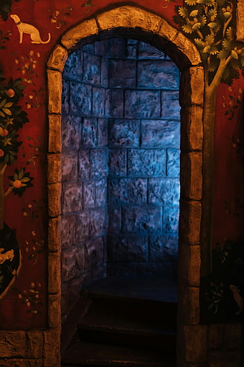 średniowieczny zamek, Gothic Archway, kamienne schody, słabo oświetlony, średniowieczna sztuka, Kamienna ściana, architektura historyczna, wnętrze zamku, projekt gotycki, Średniowieczny wystrój, kamienna brama