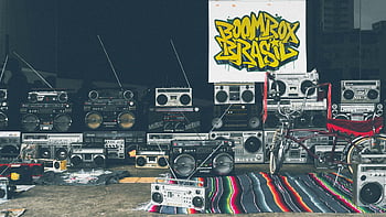boombox, grey boombox, black boombox, vintage bicycle, graffiti backdrop, retro collection, boombox collection, vibrant graffiti, stacked boombox, boombox brasil, music equipment