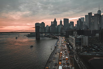 เมืองนิวยอร์ก, เส้นขอบฟ้า, พลบค่ำ, สะพานบรูคลิน, ริมน้ำ, cityscape, วิวเมือง, พระอาทิตย์ตกดิน, การจราจร, สิ่งปลูกสร้าง, แม่น้ำ