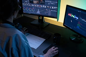editor videa, duální monitory, Úpravy záběrů, Disly osvětlené studio, počítač, pracovního prostoru, Profesionální úpravy, barevné třídění, video produkce, editačního softwaru, Nastavení studia