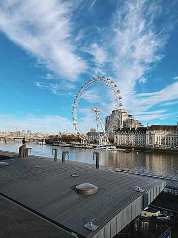 London Eye, River Thames, Ferris Wheel, cityscape, clear blue sky, urban view, London, UK, landmark, tourist attraction, waterfront