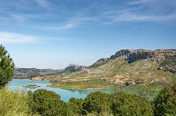 스페인, 안달루시아, 말라가 주, 저수지 Guadalhorce-guadalteba, 리오 과달 루르 체, 리오 구알다테바, 저수지, 흐름, 산들, 언덕, 물