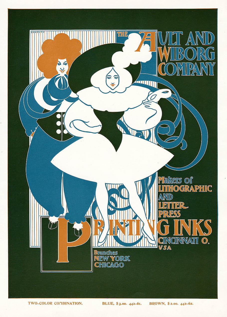 vintage, illustration, Ault and Wiborg, ink, advertising, Bradley, USA, printing, two color combination, blue, brown