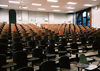 university lecture hall, wooden chairs, large windows, empty room, classroom seating, academic setting, educational space, lecture theater, university interior, study area, learning environment