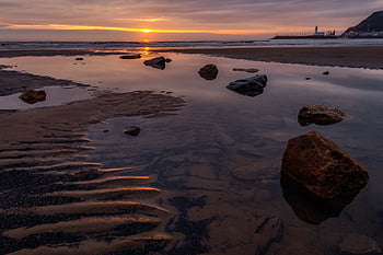 scarborough, Jižní pláž, yorkshire, svítání, pláž, Příroda, přímořská krajina, pobřeží, moře, písek, skály