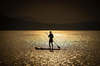 man, lake, silhouette, rowing, summer, sunset, landscape, nature, sup, paddle Boarding