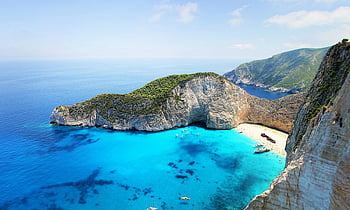 navagio beach, zakynthos, Řecko, tyrkysové vody, potopená loď, letecký pohled, jasné modré moře, nádherný výhled, pobřežní krajiny, pláž ztroskotání, Středozemní moře