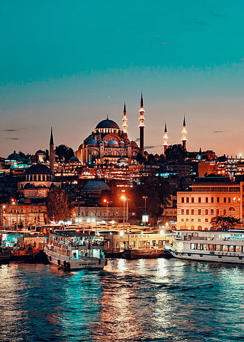 Istanbul při západu slunce, mešita suleymaniye, Vody Bosphorus, Pohled na soumraku, panoráma města, Reflexe mešity, večerní světla, Turecká architektura, Scéna na nábřeží, cíl cesty, kulturní památka