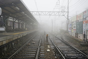 railroad tracks, city, foggy urban, train station, empty tracks, platforms, mysterious vibe, urban train, foggy station, city skyline, railway station